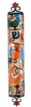 Yair Emanuel - Laser Cut Hand Painted Metal 'Birds' with SHIN Mezuzah