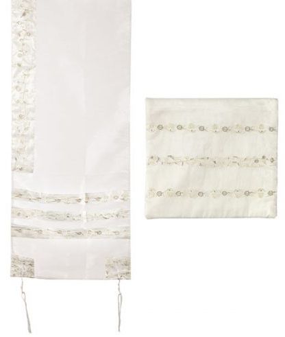 Yair Emanuel | Full Embroidered Organza | 'Floral' Prayer Shawl Tallit Set - White