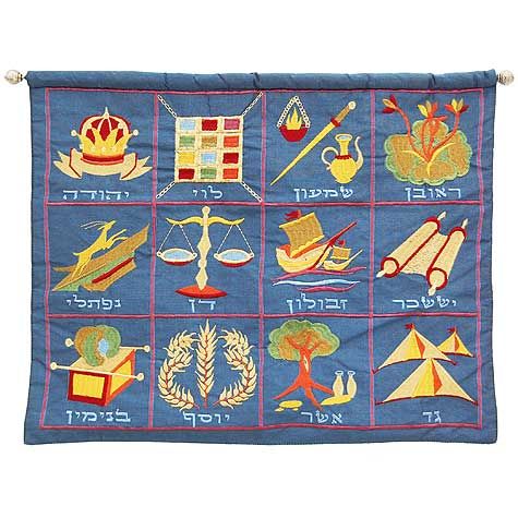 12 Tribes Embroidered Wall Hanging - Blue Hebrew