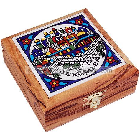 Ceramic Tile Olive Wood Box - Jerusalem
