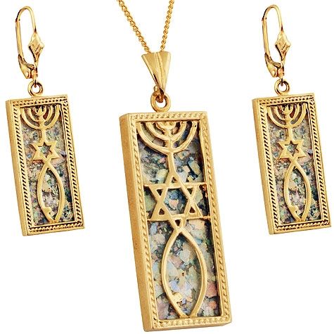 14 Carat Gold Roman Glass 'Grafted In' Messianic Pendant & Earrings