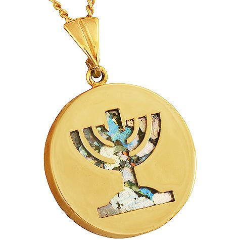 14 Carat Gold Menorah with Roman Glass background Pendant