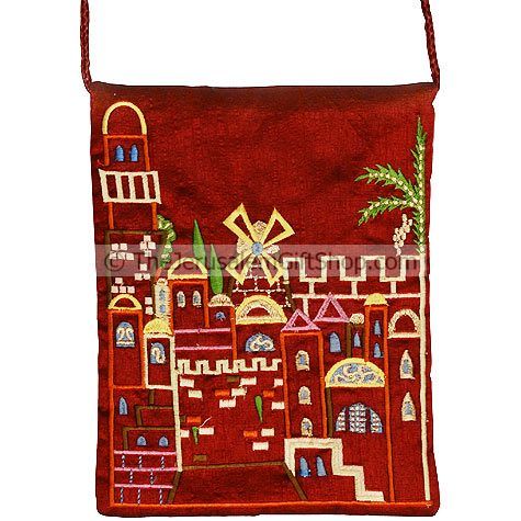 Yair Emanuel Embroidered Jerusalem Silk Bag - Burgundy
