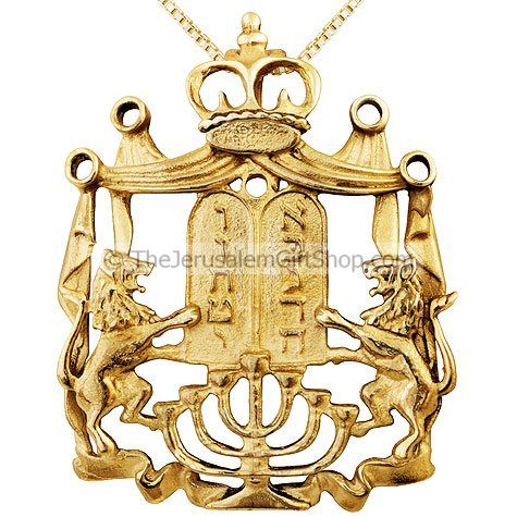 Lion of Judah 14kt Gold Menorah Ten Commandments Crown Pendant