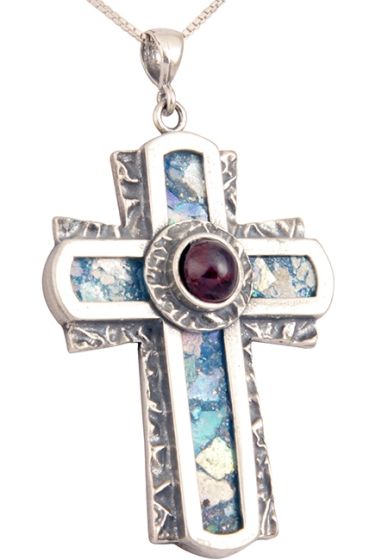 Roman Glass 'Rugged Cross' with Red Crystal Pendant - 925 Sterling Silver - Made in the Holy Land