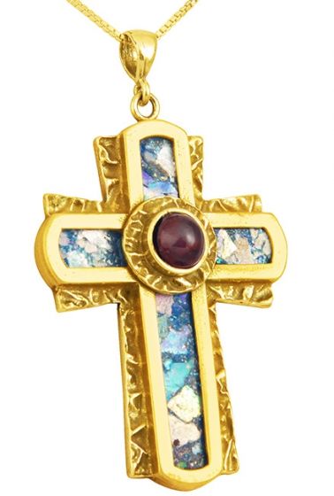 Roman Glass 'Rugged Cross' with Red Crystal Pendant - 14k Gold - Made in the Holy Land