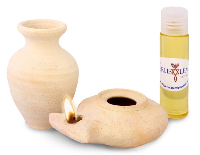 Clay Oil Lamp - Herodian with Jar and Galilee Olive Oil