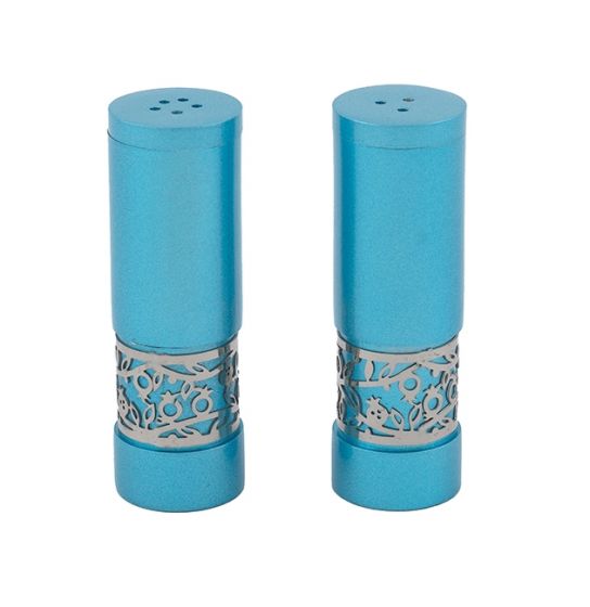 Yair Emanuel | Salt & Pepper Shakers | Anodized Aluminum | Pomegranate – Teal and Silver