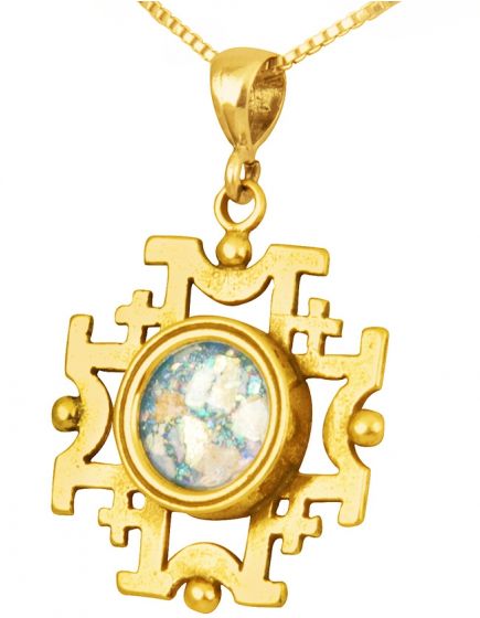 'Jerusalem Cross' Cut-Out Pendant - Roman Glass and 14k Gold - Made in the Holy Land