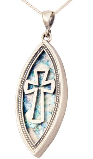 Roman Glass 'Cross' Ellipse Pendant - 925 Sterling Silver - Made in the Holy Land