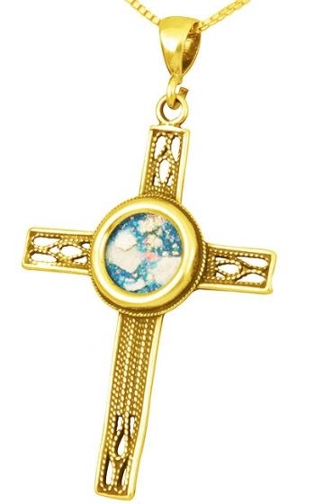 Roman Glass Perforated 'Cross' Pendant - 14k Gold - Made in the Holy Land