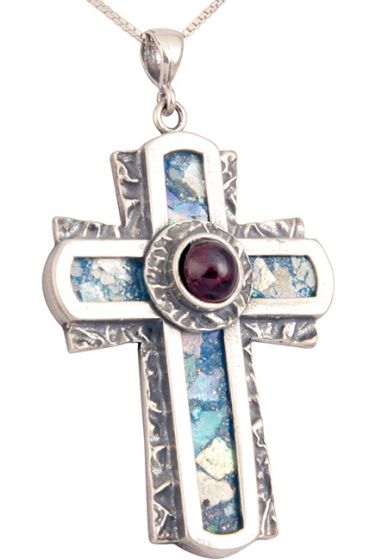 Roman Glass 'Rugged Cross' with Red Crystal Pendant - 925 Sterling Silver - Made in the Holy Land