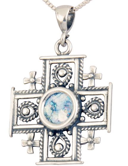 Roman Glass 'Jerusalem Cross' Decorated Pendant - 925 Sterling Silver - Holy Land Jewelry