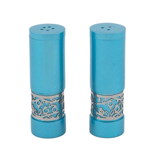 Yair Emanuel | Salt & Pepper Shakers | Anodized Aluminum | Pomegranate – Teal and Silver