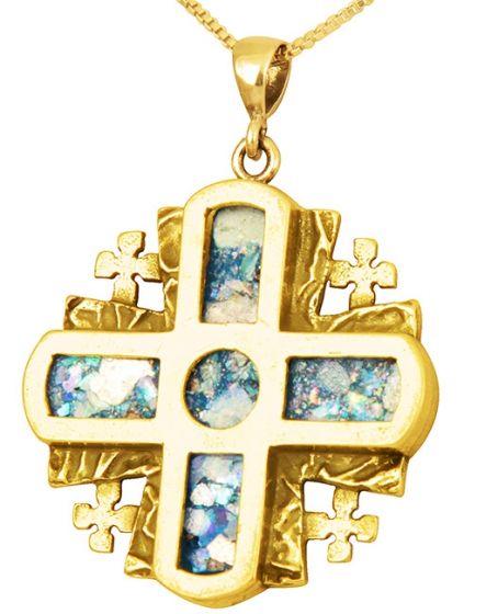 Roman Glass 'Jerusalem Cross' 5 Fold - Rugged Cross Pendant - 14k Gold - Made in the Holy Land 