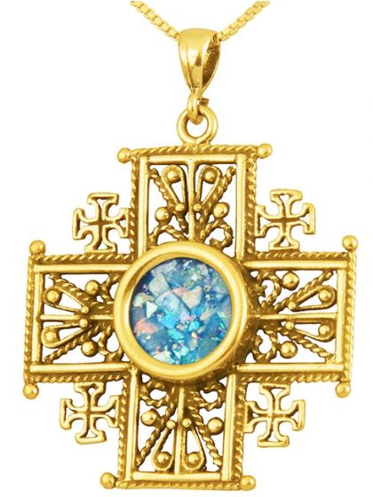 Roman Glass 'Jerusalem Cross' Decorated Five-Fold Cross Pendant - 14 Gold - Holy Land Jewelry