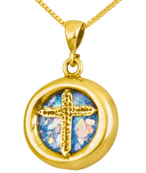 Roman Glass 'Christian Cross' Round Pendant - 14k Gold - Made in the Holy Land