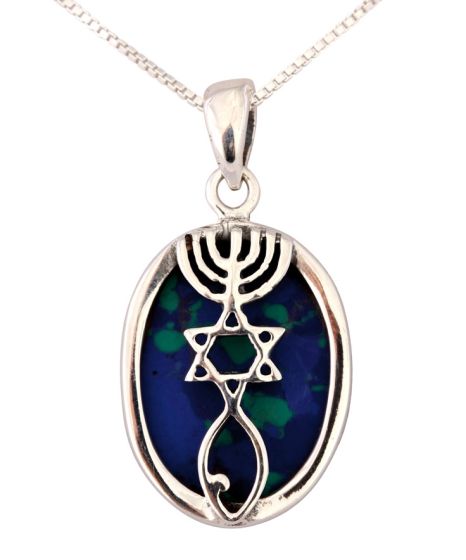 'Grafted In' 925 Sterling Silver Messianic Symbol mounted on King Solomon Stone (The Eilat Stone) Oval Pendant