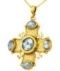 Roman Glass 'Jerusalem Cross' Stones Pendant - 14k Gold - Holy Land Jewelry