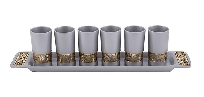 Holy Land Harvesters - Lord's Supper 6 -Communion Cup Set with Matching Tray - Pomegranate - Grey and Gold