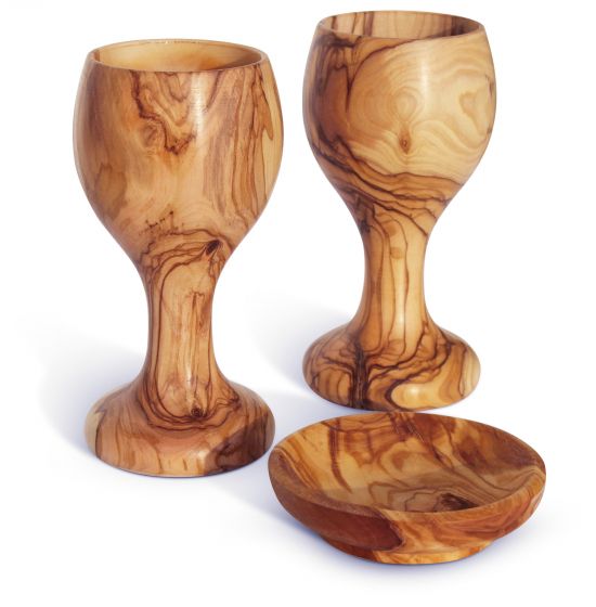 Large Two Communion Cups and plate from Olive Wood 