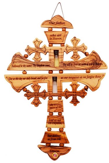 'The Lord's Prayer' Engraved Olive Wood Cross Wall Hanging with Oil, Water and Incense