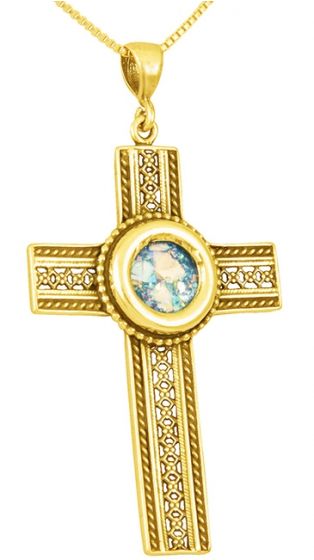 Roman Glass - Lattice 'Cross' Pendant - 14k Gold - Made in the Holy Land