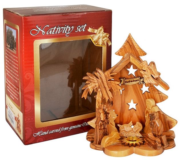 Olive Wood Nativity Scene Ornament from Bethlehem | Christmas Tree with Incense - 5.5 Inch - Boxed