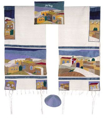 Yair Emanuel 'Jerusalem Old City' Hand-Painted Silk and Cotton Prayer Shawl Tallit Set