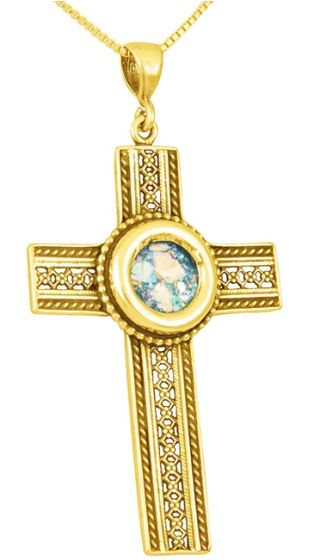 Roman Glass - Lattice 'Cross' Pendant - 14k Gold - Made in the Holy Land