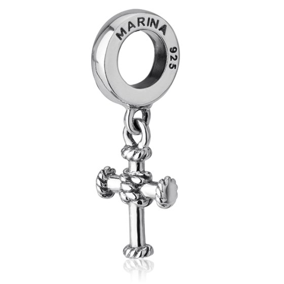 Cross with Binding Rope Hanging Bracelet Charm, Sterling Silver