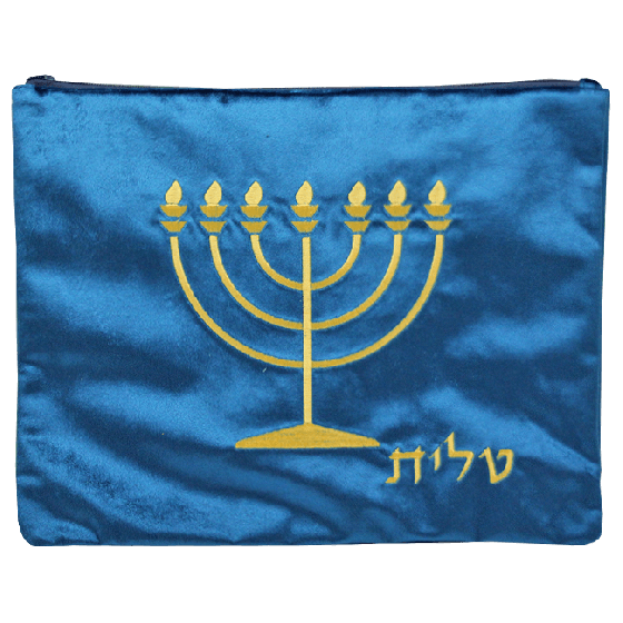 Blue Velvet Tallit Bag with Gold Menorah