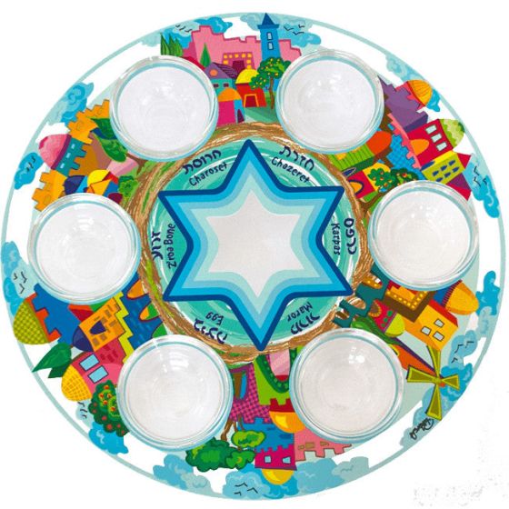 Passover Seder Plate with English and Hebrew wording and glass cups for the Passover ingredients