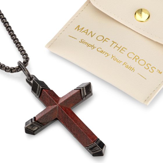 WOODEN CROSS Necklace for Men – Real Ebony Wood & Black Stainless Steel Crucifix Pendant – Modern Christian Holy Land Religious Gift with Premium Pouch