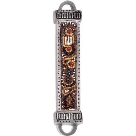 Yair Emanuel Embroidered Beads Aluminium Mezuzah Case | Gold & Brown
