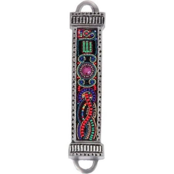 Yair Emanuel Embroidered Beads Aluminium Mezuzah Case | Red & Green
