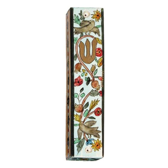 Yair Emanuel | Large Hand-painted Wooden Mezuzah | Birds and Flowers