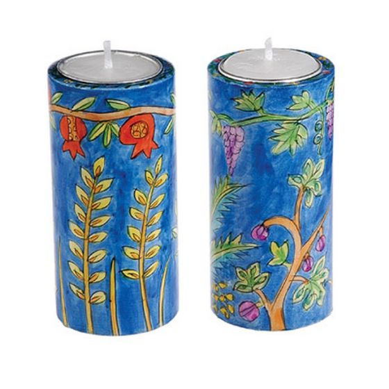 Yair Emanuel 'Seven Species' Round Hand-Painted Candlesticks