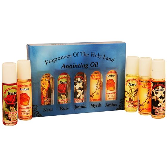Fragrances of the Holy Land Anointing Oil Set - 20ml Roll-On - 5 Anointing Prayer Oils from Bethlehem - Blue Pack