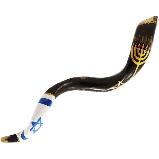 Artistic Yemenite Kudu Shofar By Sarit Romano - with Menorah, Magen David, Old City of Yerushalayim and Israel flag
