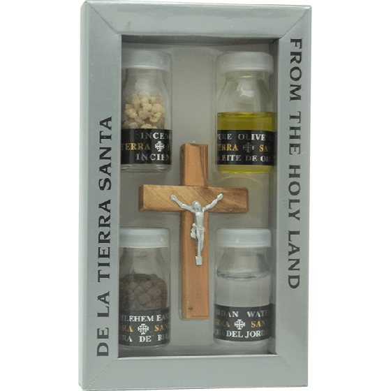 Olive Wood Cross and Pewter Plated Crucifix with Vials of Holy Soil, Jordan River Water, Galilee Olive Oil and Incense.