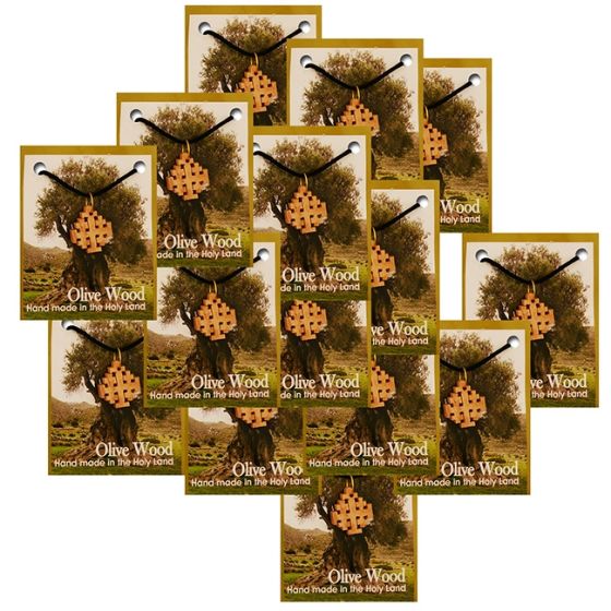 Pack of 50 Units Olive Wood 'Jerusalem Cross' Pendants with Necklace