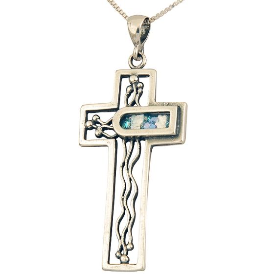 Roman Glass 'Trinity Cross' Pendant - Sterling Silver - Made in the Holy Land