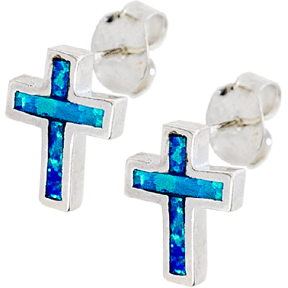 Sterling Silver Synthetic Opal Cross Stud Earrings