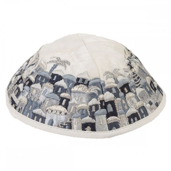 Yair Emanuel | Jerusalem Scene Embroidered Kippah | Black and White