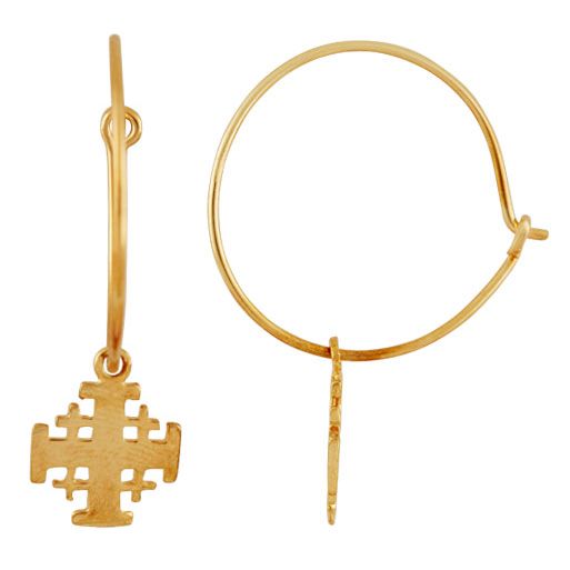 Jerusalem Cross Hoop Earrings, Yellow Gold filled