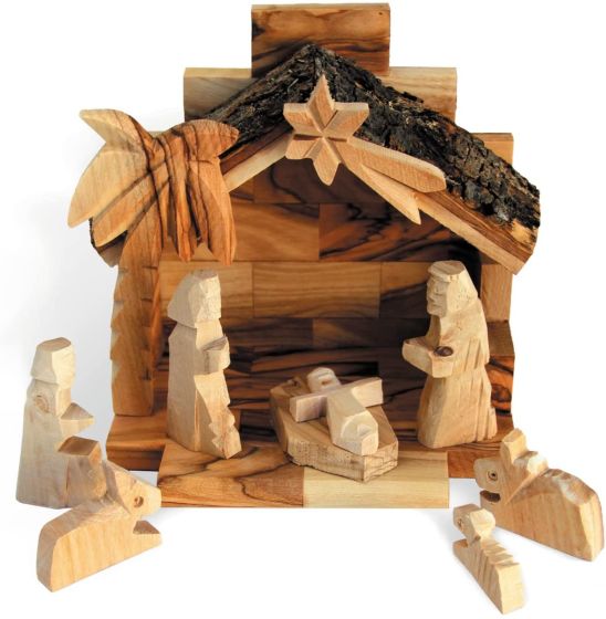 Mini Olive Wood Nativity Set for Children, Made in Bethlehem | 8 Piece in Manger 
