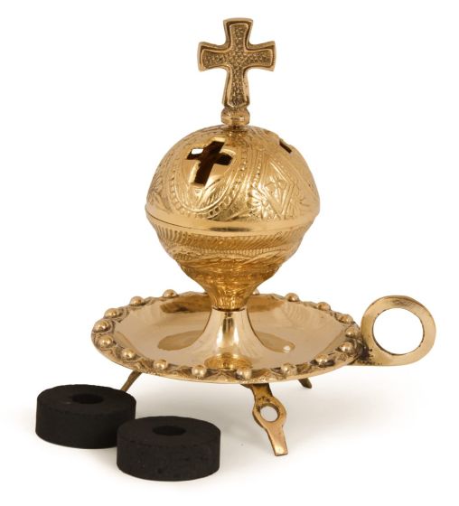 Christian Incense Burner - Gold Brass Cross and 2 Charcoals