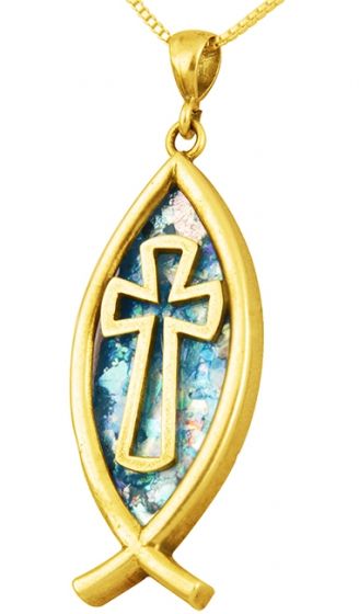 Roman Glass 'Cross inside a Fish' Pendant - 14k Gold - Made in the Holy Land