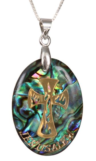 Mother of Pearl Abalone with Metallic Gold 'Cross' with 'Jerusalem' Pendant